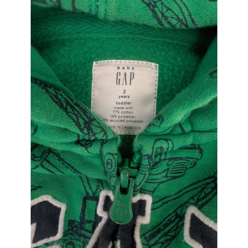 Gap Toddler Boy Construction Vehicles Green Logo Hoodie Sweater Full Zip Size 2